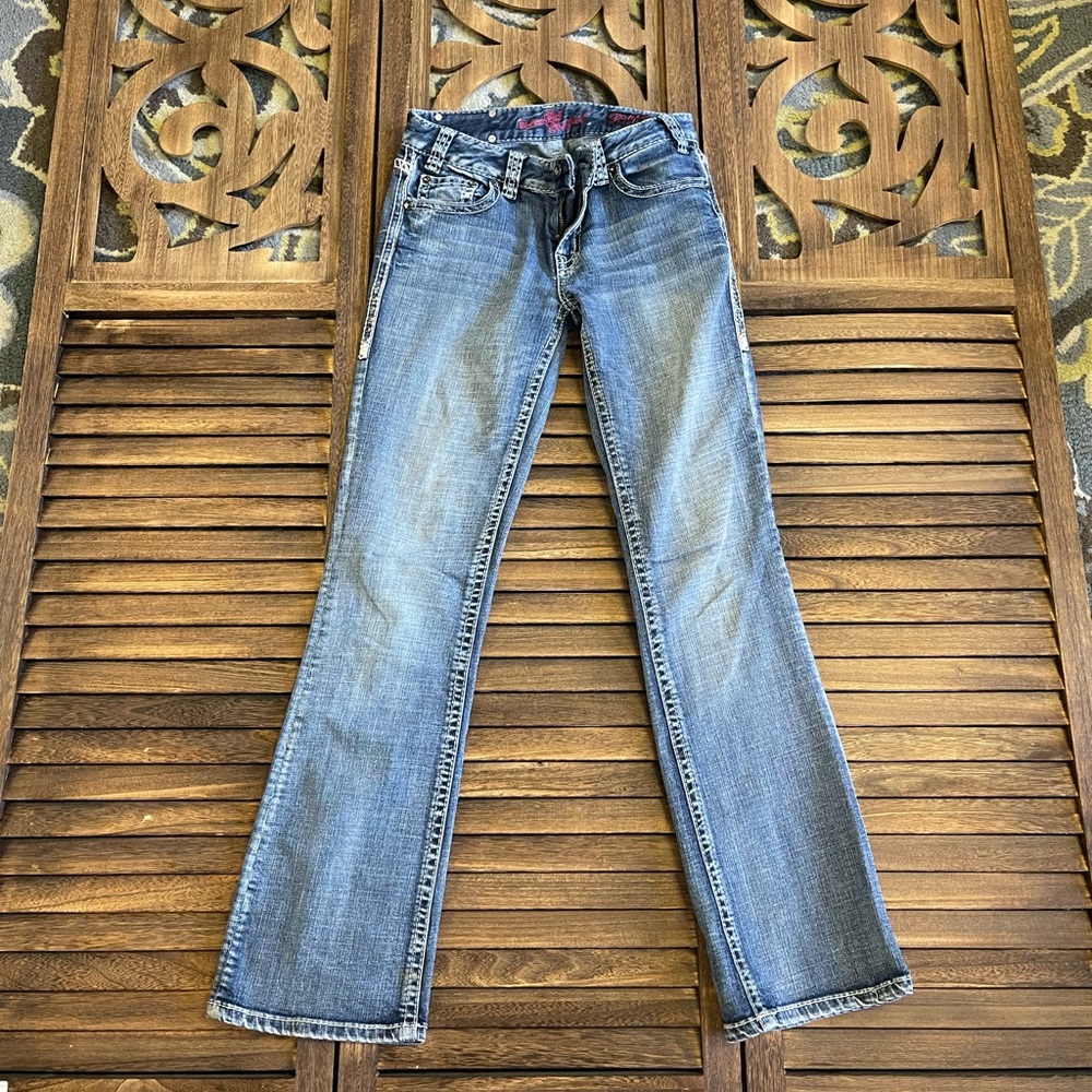 Rock & Roll Cowgirl Women's Denim Boot Cut Jeans Bling Detail Back Pockets